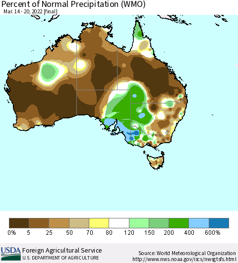 Australia Percent of Normal Precipitation (WMO) Thematic Map For 3/14/2022 - 3/20/2022