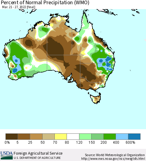 Australia Percent of Normal Precipitation (WMO) Thematic Map For 3/21/2022 - 3/27/2022