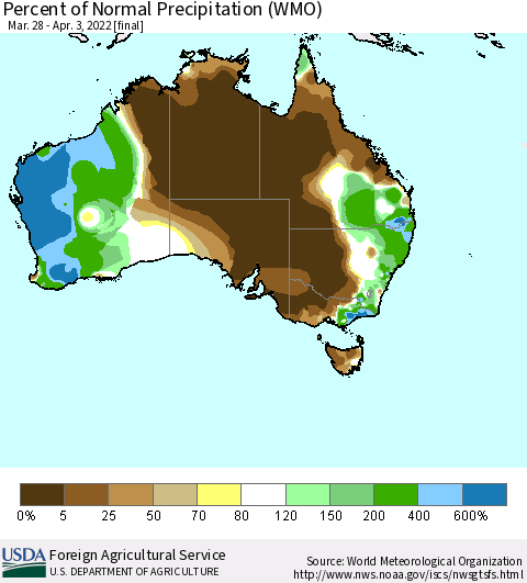 Australia Percent of Normal Precipitation (WMO) Thematic Map For 3/28/2022 - 4/3/2022