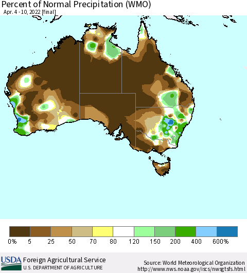Australia Percent of Normal Precipitation (WMO) Thematic Map For 4/4/2022 - 4/10/2022