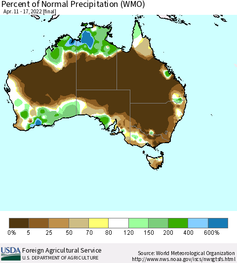 Australia Percent of Normal Precipitation (WMO) Thematic Map For 4/11/2022 - 4/17/2022