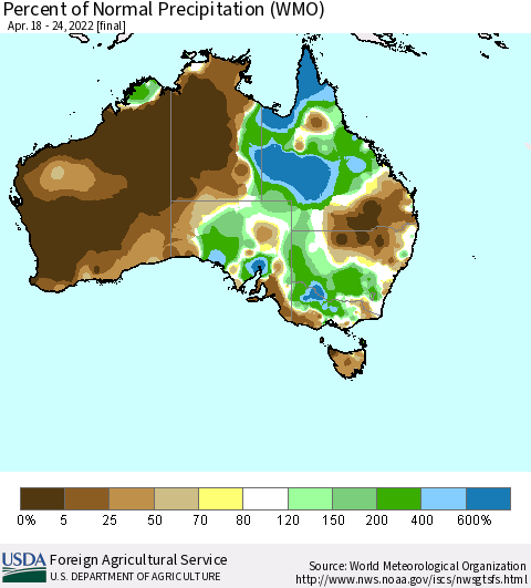 Australia Percent of Normal Precipitation (WMO) Thematic Map For 4/18/2022 - 4/24/2022