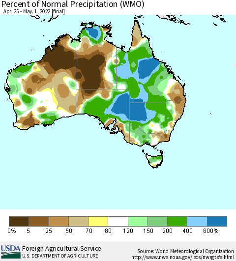 Australia Percent of Normal Precipitation (WMO) Thematic Map For 4/25/2022 - 5/1/2022