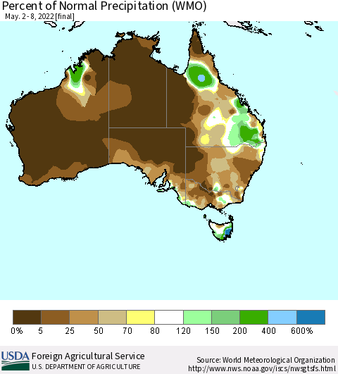 Australia Percent of Normal Precipitation (WMO) Thematic Map For 5/2/2022 - 5/8/2022