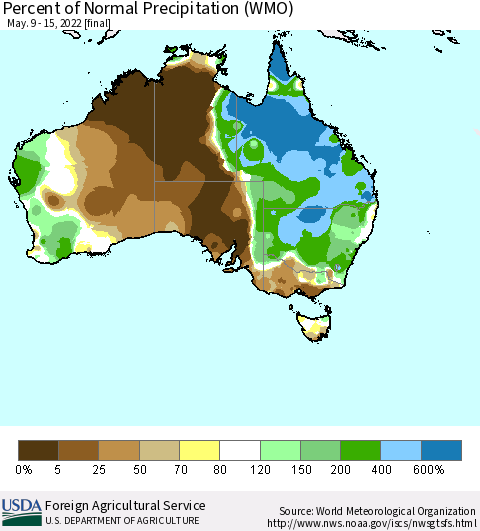 Australia Percent of Normal Precipitation (WMO) Thematic Map For 5/9/2022 - 5/15/2022