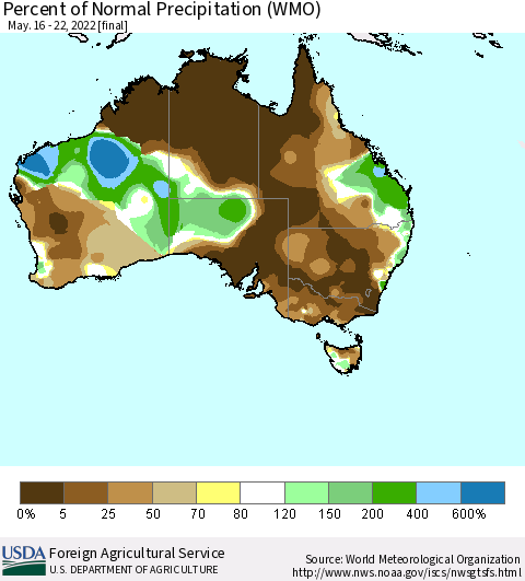 Australia Percent of Normal Precipitation (WMO) Thematic Map For 5/16/2022 - 5/22/2022