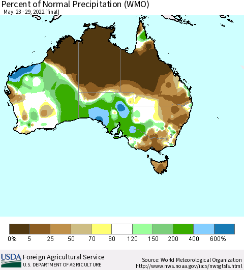 Australia Percent of Normal Precipitation (WMO) Thematic Map For 5/23/2022 - 5/29/2022