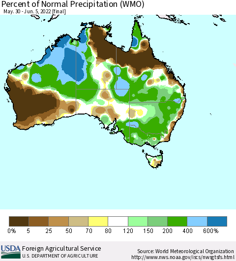 Australia Percent of Normal Precipitation (WMO) Thematic Map For 5/30/2022 - 6/5/2022