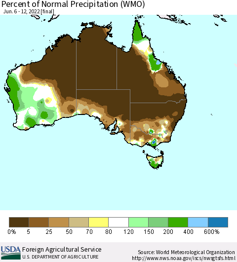 Australia Percent of Normal Precipitation (WMO) Thematic Map For 6/6/2022 - 6/12/2022