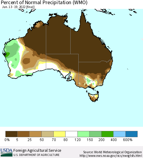 Australia Percent of Normal Precipitation (WMO) Thematic Map For 6/13/2022 - 6/19/2022