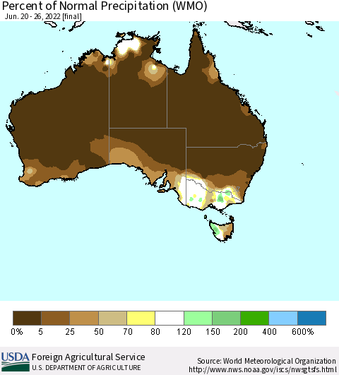 Australia Percent of Normal Precipitation (WMO) Thematic Map For 6/20/2022 - 6/26/2022
