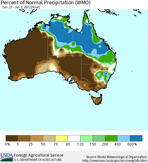 Australia Percent of Normal Precipitation (WMO) Thematic Map For 6/27/2022 - 7/3/2022