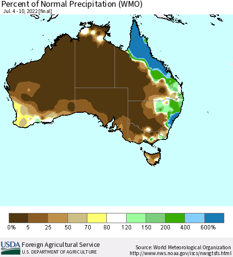 Australia Percent of Normal Precipitation (WMO) Thematic Map For 7/4/2022 - 7/10/2022