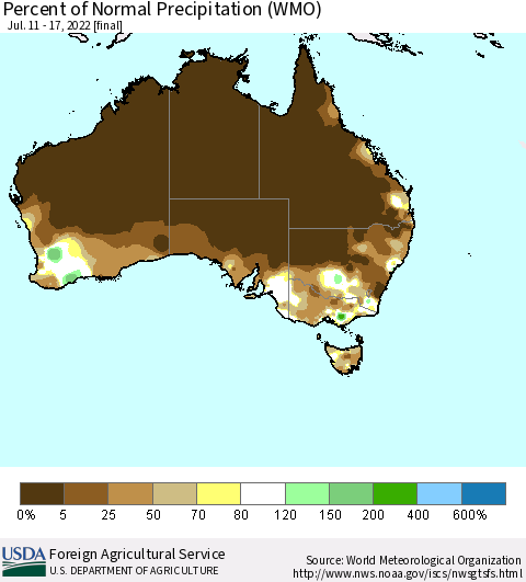 Australia Percent of Normal Precipitation (WMO) Thematic Map For 7/11/2022 - 7/17/2022