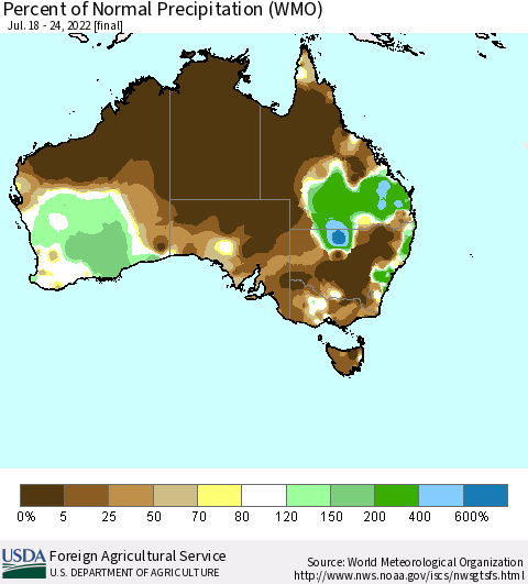 Australia Percent of Normal Precipitation (WMO) Thematic Map For 7/18/2022 - 7/24/2022