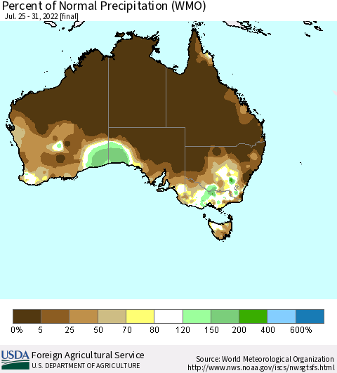 Australia Percent of Normal Precipitation (WMO) Thematic Map For 7/25/2022 - 7/31/2022