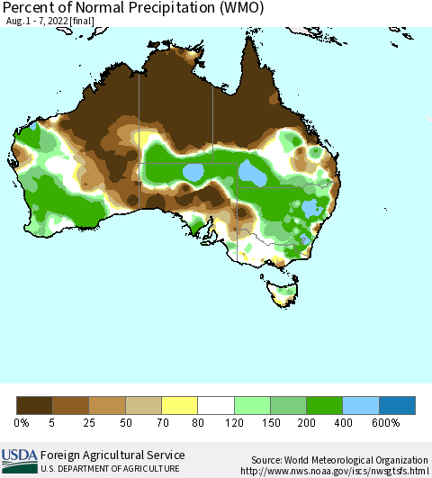Australia Percent of Normal Precipitation (WMO) Thematic Map For 8/1/2022 - 8/7/2022