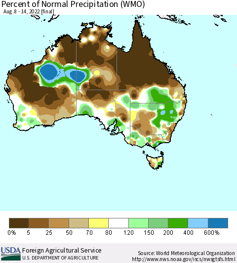 Australia Percent of Normal Precipitation (WMO) Thematic Map For 8/8/2022 - 8/14/2022