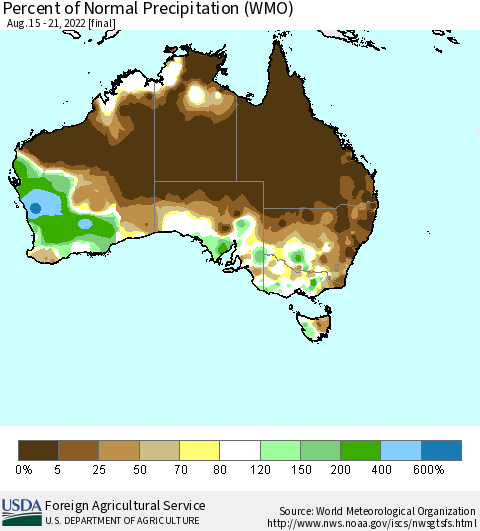 Australia Percent of Normal Precipitation (WMO) Thematic Map For 8/15/2022 - 8/21/2022