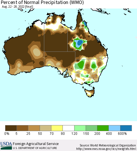 Australia Percent of Normal Precipitation (WMO) Thematic Map For 8/22/2022 - 8/28/2022