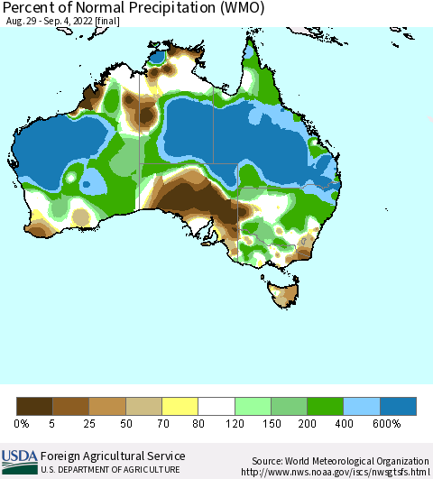 Australia Percent of Normal Precipitation (WMO) Thematic Map For 8/29/2022 - 9/4/2022