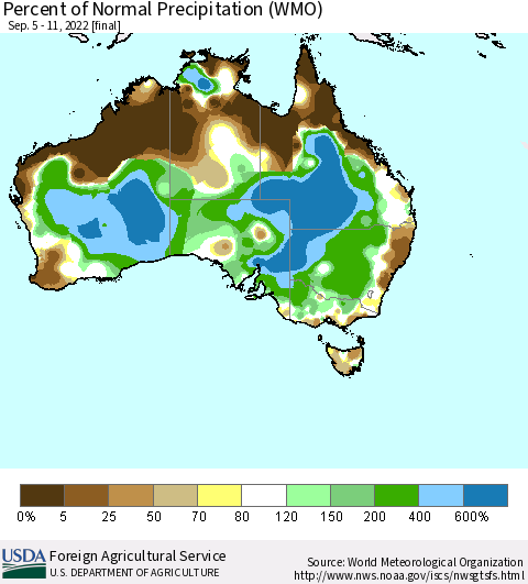 Australia Percent of Normal Precipitation (WMO) Thematic Map For 9/5/2022 - 9/11/2022