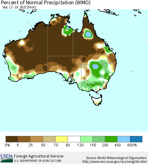 Australia Percent of Normal Precipitation (WMO) Thematic Map For 9/12/2022 - 9/18/2022