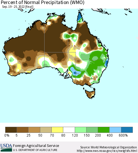 Australia Percent of Normal Precipitation (WMO) Thematic Map For 9/19/2022 - 9/25/2022