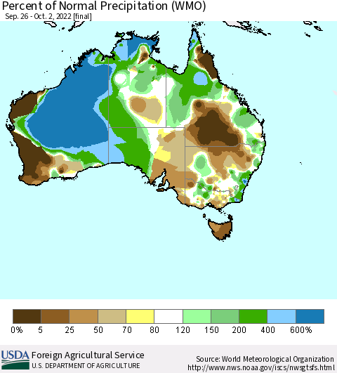 Australia Percent of Normal Precipitation (WMO) Thematic Map For 9/26/2022 - 10/2/2022