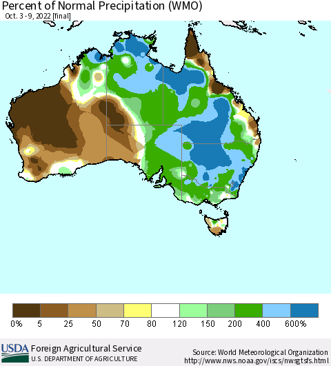 Australia Percent of Normal Precipitation (WMO) Thematic Map For 10/3/2022 - 10/9/2022