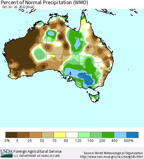 Australia Percent of Normal Precipitation (WMO) Thematic Map For 10/10/2022 - 10/16/2022