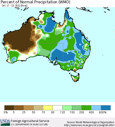 Australia Percent of Normal Precipitation (WMO) Thematic Map For 10/17/2022 - 10/23/2022