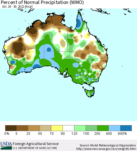 Australia Percent of Normal Precipitation (WMO) Thematic Map For 10/24/2022 - 10/30/2022
