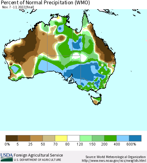 Australia Percent of Normal Precipitation (WMO) Thematic Map For 11/7/2022 - 11/13/2022