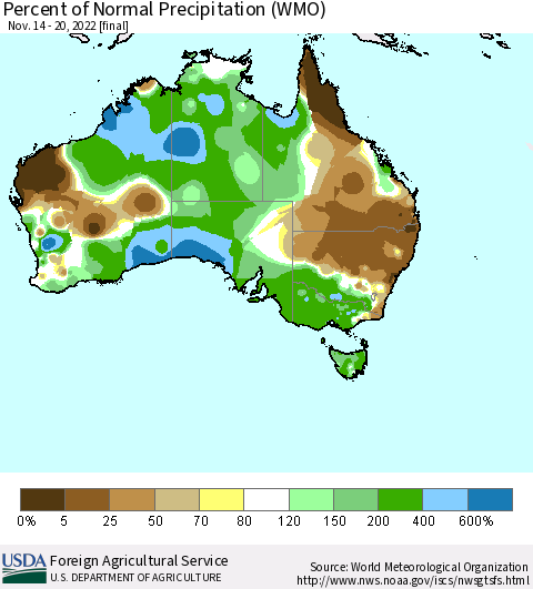Australia Percent of Normal Precipitation (WMO) Thematic Map For 11/14/2022 - 11/20/2022