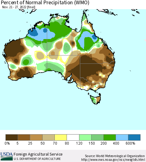 Australia Percent of Normal Precipitation (WMO) Thematic Map For 11/21/2022 - 11/27/2022