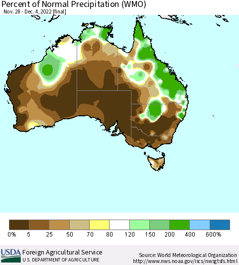 Australia Percent of Normal Precipitation (WMO) Thematic Map For 11/28/2022 - 12/4/2022