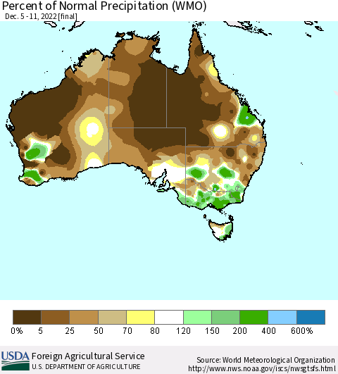 Australia Percent of Normal Precipitation (WMO) Thematic Map For 12/5/2022 - 12/11/2022