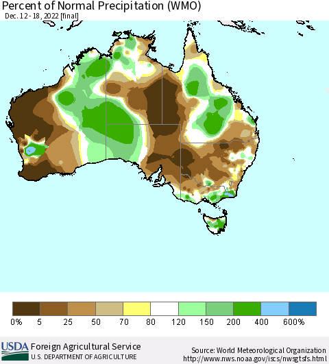 Australia Percent of Normal Precipitation (WMO) Thematic Map For 12/12/2022 - 12/18/2022
