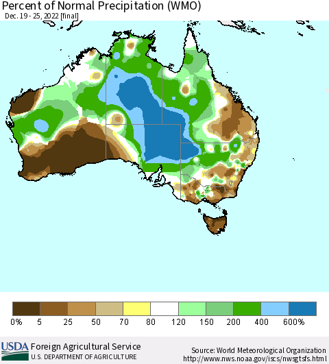Australia Percent of Normal Precipitation (WMO) Thematic Map For 12/19/2022 - 12/25/2022
