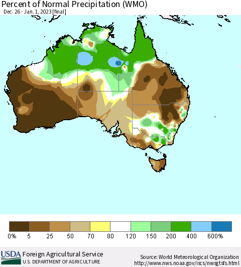 Australia Percent of Normal Precipitation (WMO) Thematic Map For 12/26/2022 - 1/1/2023