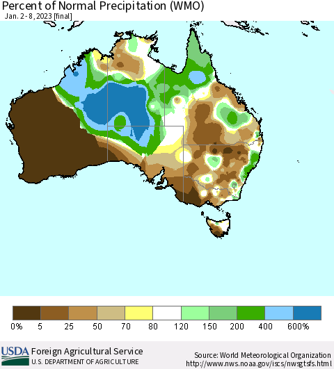 Australia Percent of Normal Precipitation (WMO) Thematic Map For 1/2/2023 - 1/8/2023