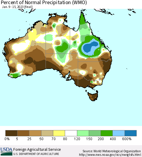 Australia Percent of Normal Precipitation (WMO) Thematic Map For 1/9/2023 - 1/15/2023