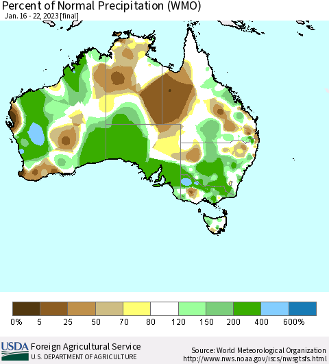 Australia Percent of Normal Precipitation (WMO) Thematic Map For 1/16/2023 - 1/22/2023