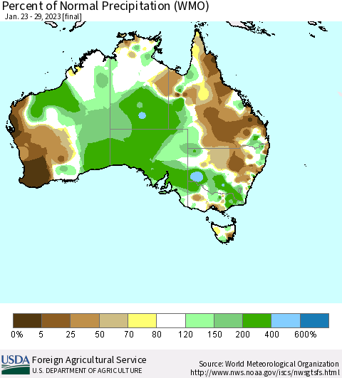 Australia Percent of Normal Precipitation (WMO) Thematic Map For 1/23/2023 - 1/29/2023