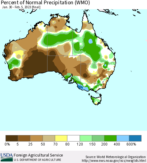 Australia Percent of Normal Precipitation (WMO) Thematic Map For 1/30/2023 - 2/5/2023