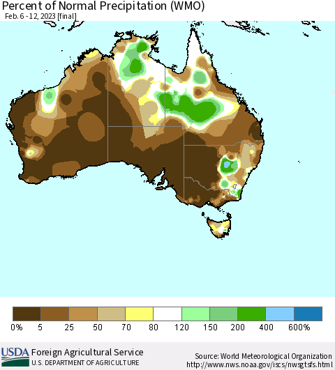 Australia Percent of Normal Precipitation (WMO) Thematic Map For 2/6/2023 - 2/12/2023