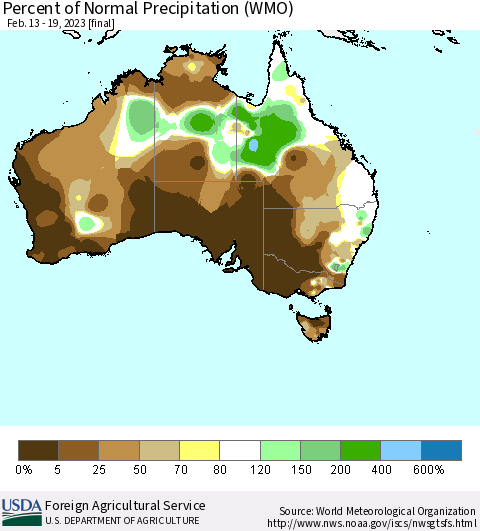 Australia Percent of Normal Precipitation (WMO) Thematic Map For 2/13/2023 - 2/19/2023