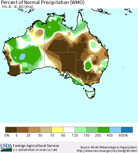 Australia Percent of Normal Precipitation (WMO) Thematic Map For 2/20/2023 - 2/26/2023