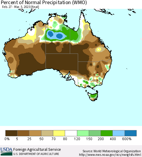 Australia Percent of Normal Precipitation (WMO) Thematic Map For 2/27/2023 - 3/5/2023